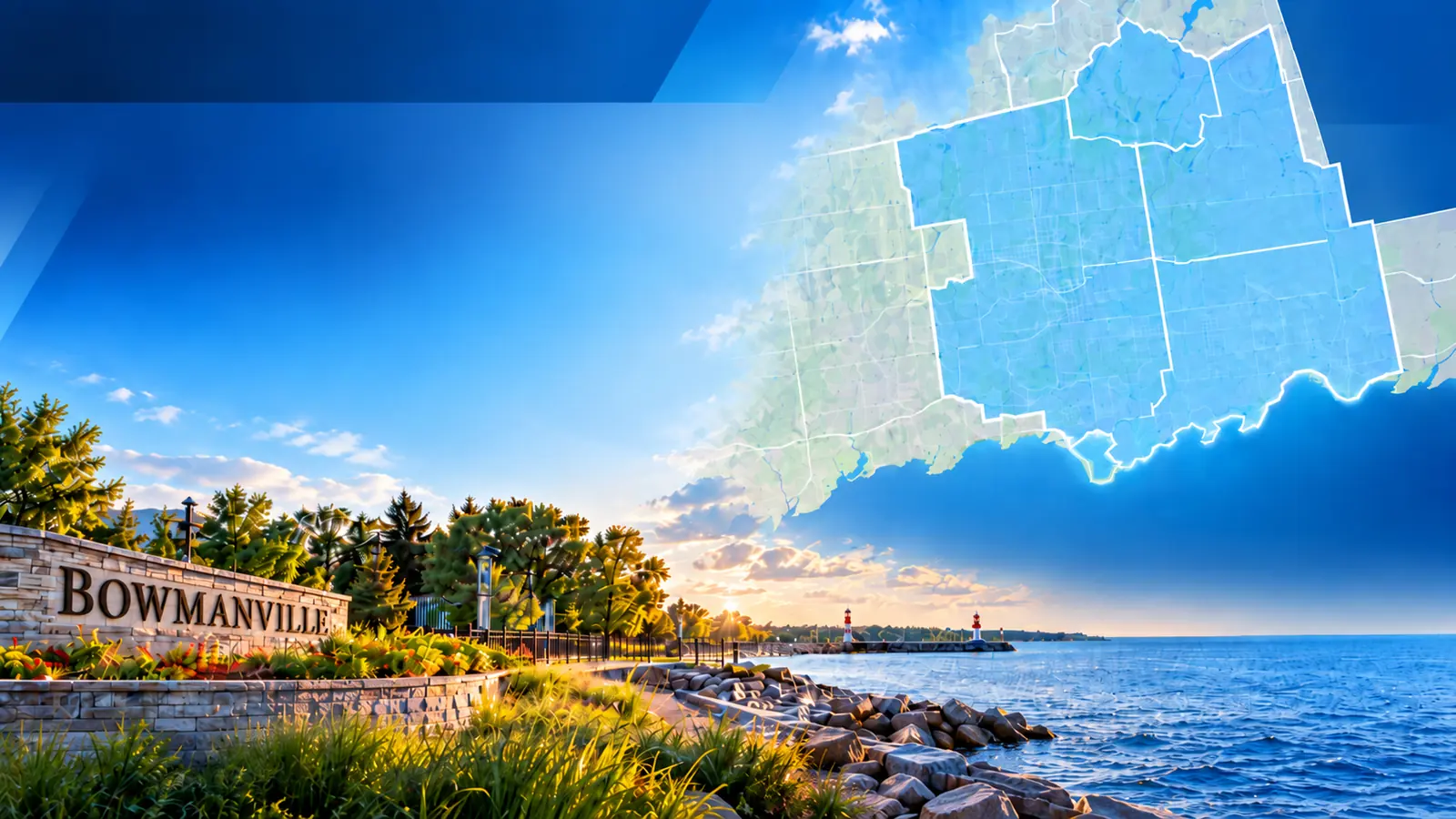 Bowmanville waterfront at sunset with a map of Clarington and Durham Region